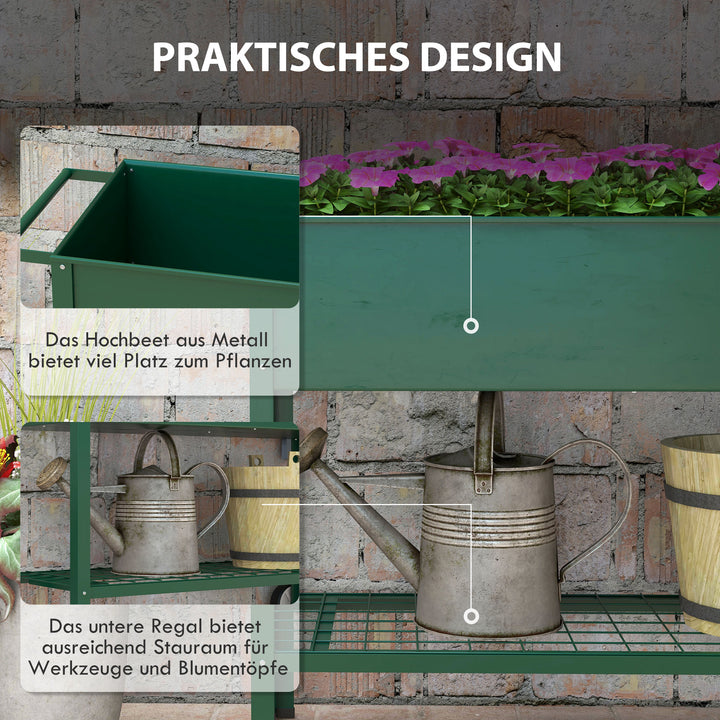 Højbed, plantekasse, 1 hylde, 2 hjul, 109 cm x 44 cm x 80 cm, grøn