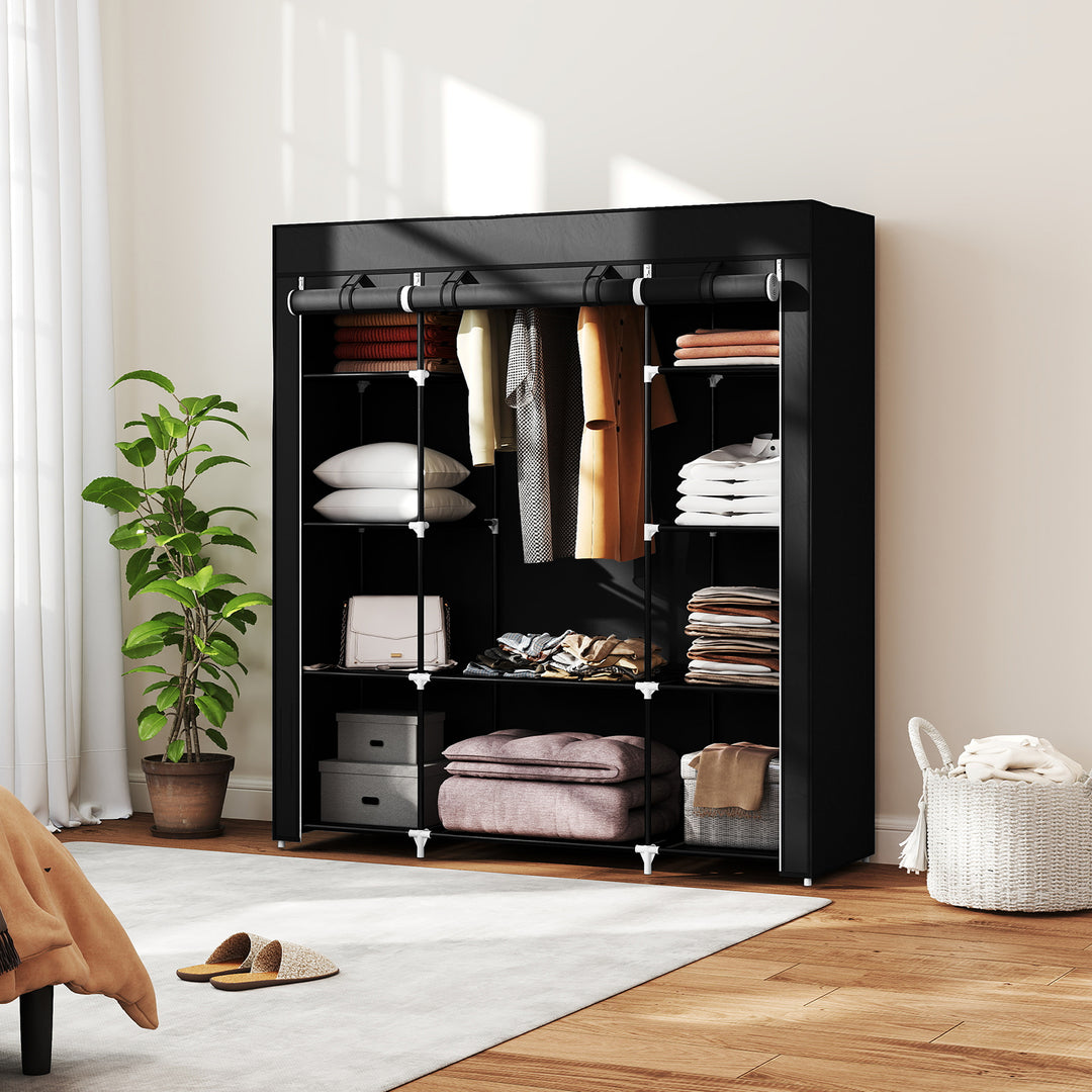 Stofgarderobe, foldbar garderobe, 1 bøjlestang, 9 hylder, 150 cm x 43 cm x 162,5 cm, sort