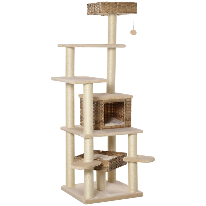 Rattan kradsetræ med kattehule kradsetræ i flere niveauer, klatretræ til katte, e1 mdf sisal, beige+brun, 55 x 55 x 174 cm