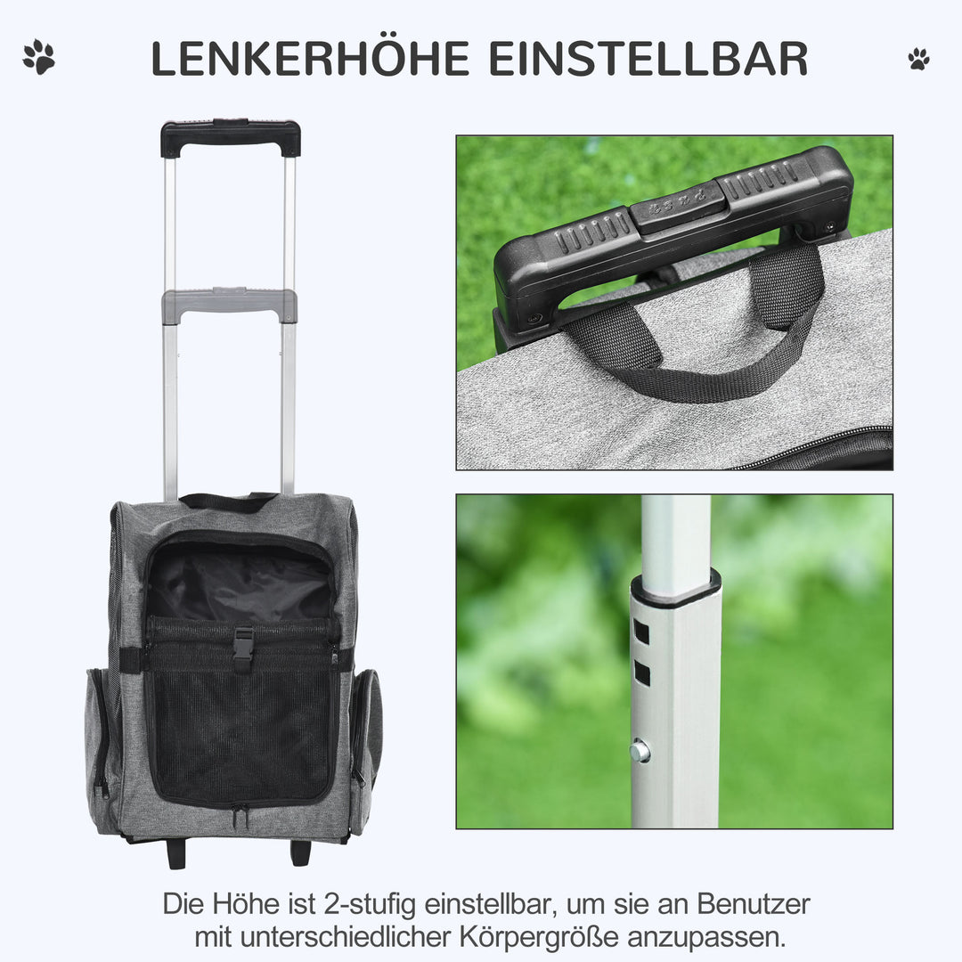 Hundetransporter, rygsæk til kæledyr, 2-i-1 design, udtrækkeligt håndtag, sidelommer, grå, 42 x 25 x 55 cm