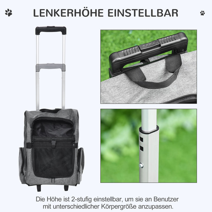 Hundetransporter, rygsæk til kæledyr, 2-i-1 design, udtrækkeligt håndtag, sidelommer, grå, 42 x 25 x 55 cm