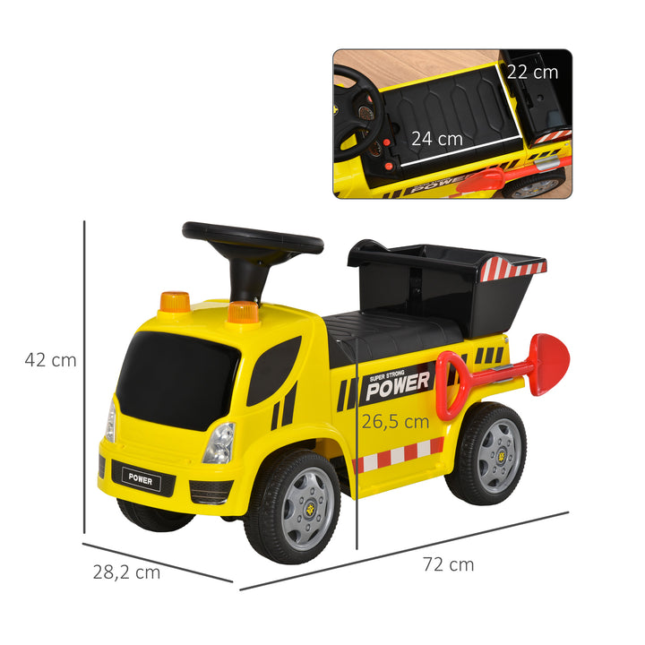 Børne-ride-on gravemaskine med tippeskovl og skovl, fodpedalbil med opbevaring under sædet til babyer 18-36 måneder, metal, pp-plastik, gul, 72 x 28,2 x 42 cm