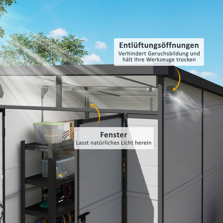 1,9 X 1,9 m haveskur, redskabsskur i plastik, aflåselige døre, 2 ventilationsåbninger, lysegrå