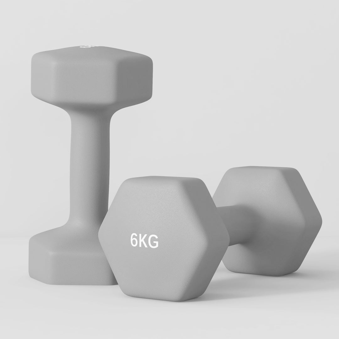 2 x 6 kg håndvægtsæt, sekskantet design, gulvvenlig, skridsikker, grå