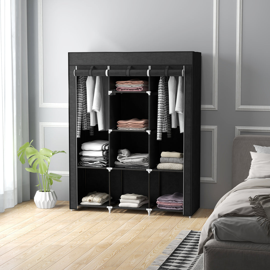 Stofgarderobe, opbevaringsløsning, 8 hylder, 2 garderobestativer, sort