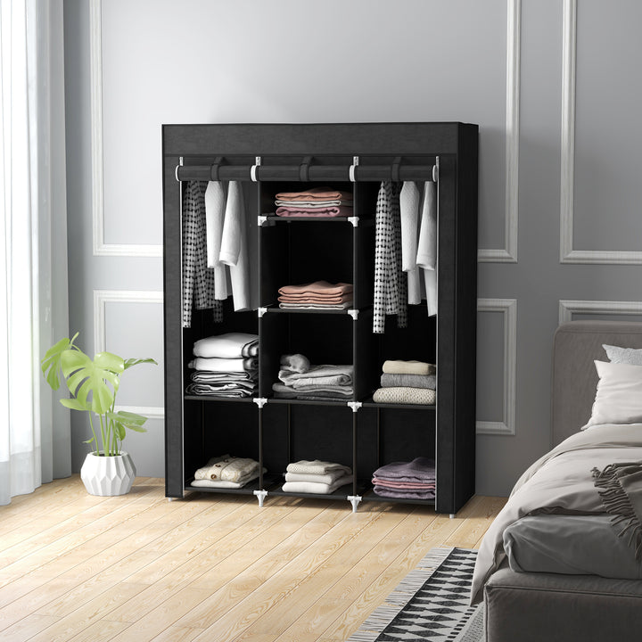 Stofgarderobe, opbevaringsløsning, 8 hylder, 2 garderobestativer, sort