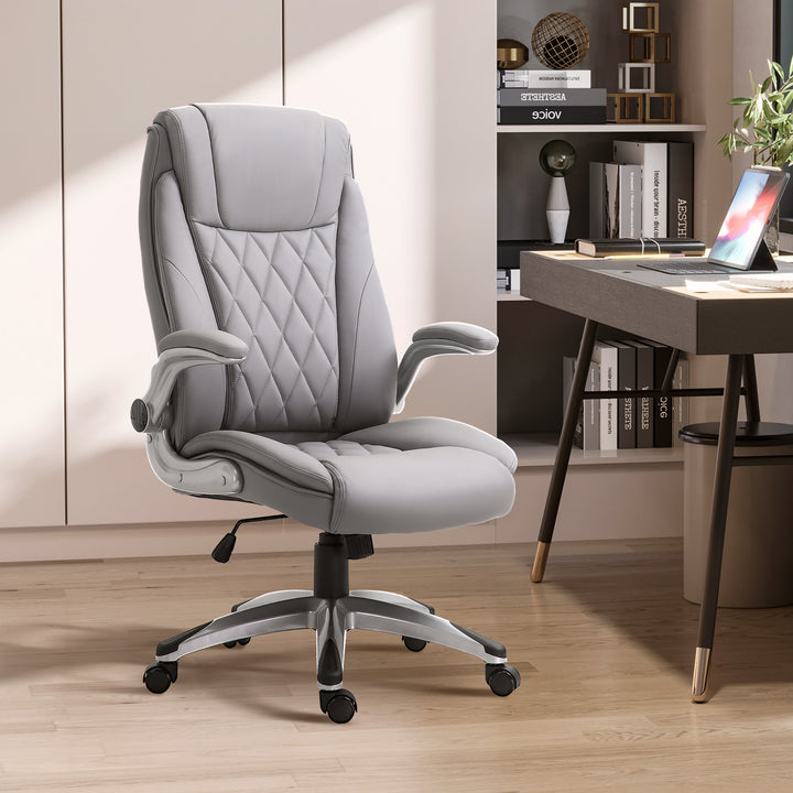 Kontorstol, ergonomisk drejestol, computerstol med vippefunktion, højdejusterbar med nakkestøtte og polstrede armlæn, kunstlæder, grå, 70 x 71 x 113–121 cm