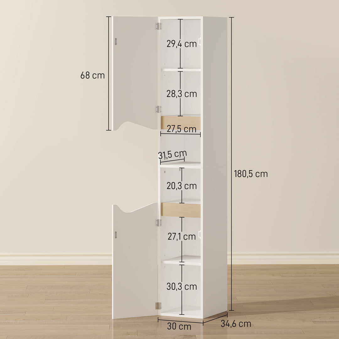 Badeværelsesskab, smalt, højt skab med 2 døre, 2 åbne rum, til badeværelser, 30 x 34,6 x 182 cm, hvid