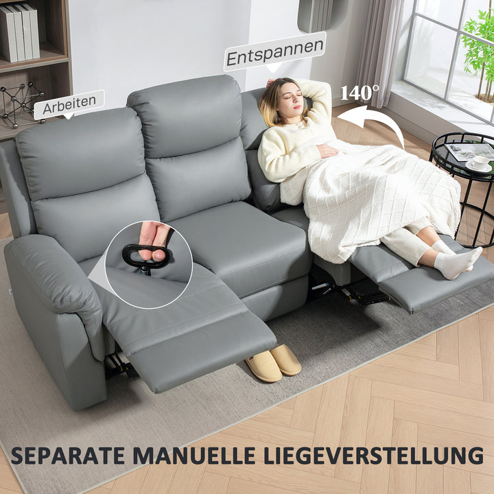 3-personers sofa, venstre og højre lænesæde, justerbar fodstøtte, betræk i kunstlæder, til stue, mørkegrå