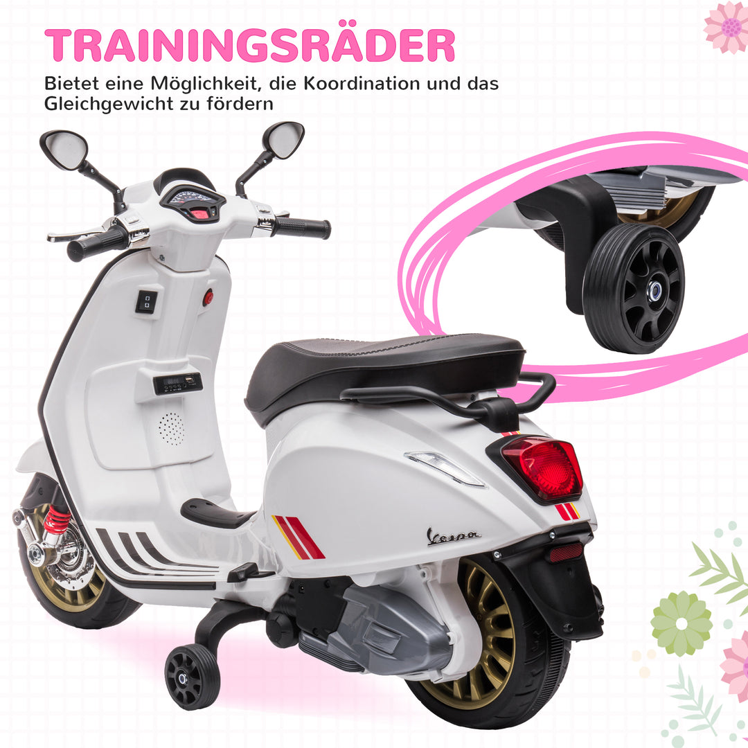 Elektrisk børnemotorcykel, vespa, 3 km/t, 3-6 år, musik, lys og radio, hvid