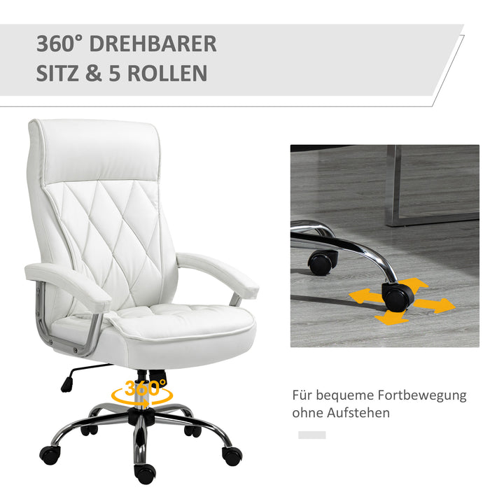 Kontorstol, ergonomisk skrivebordsstol, højdejusterbar drejestol med vippefunktion, diamantmønster, kunstlæder, polstret chefstol, hvid