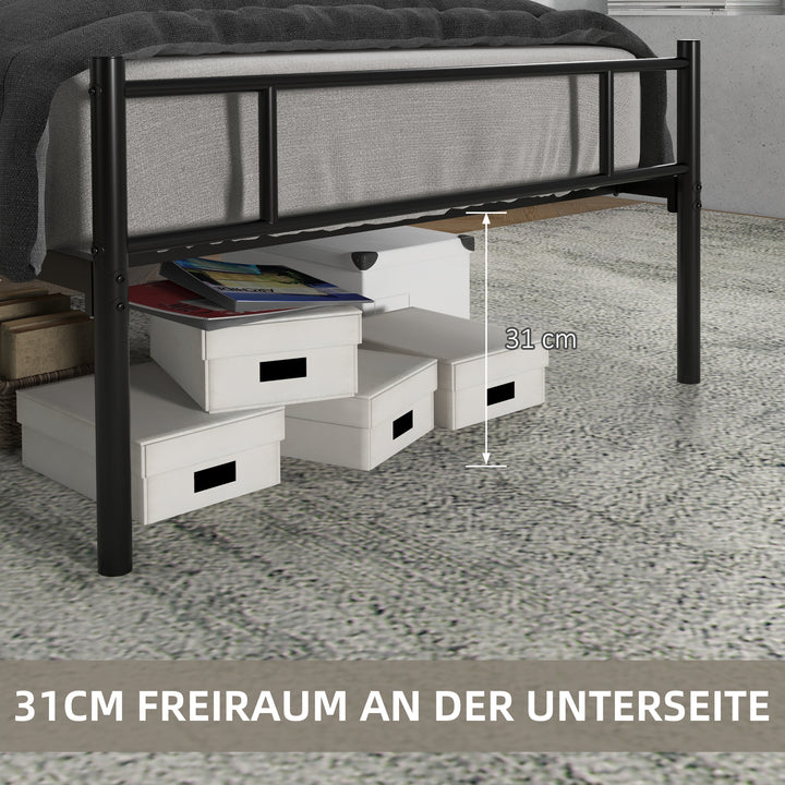 Seng 90 x 200 cm stål med lamelbund, hovedgærde og fodgærde, 31 cm høj, sort
