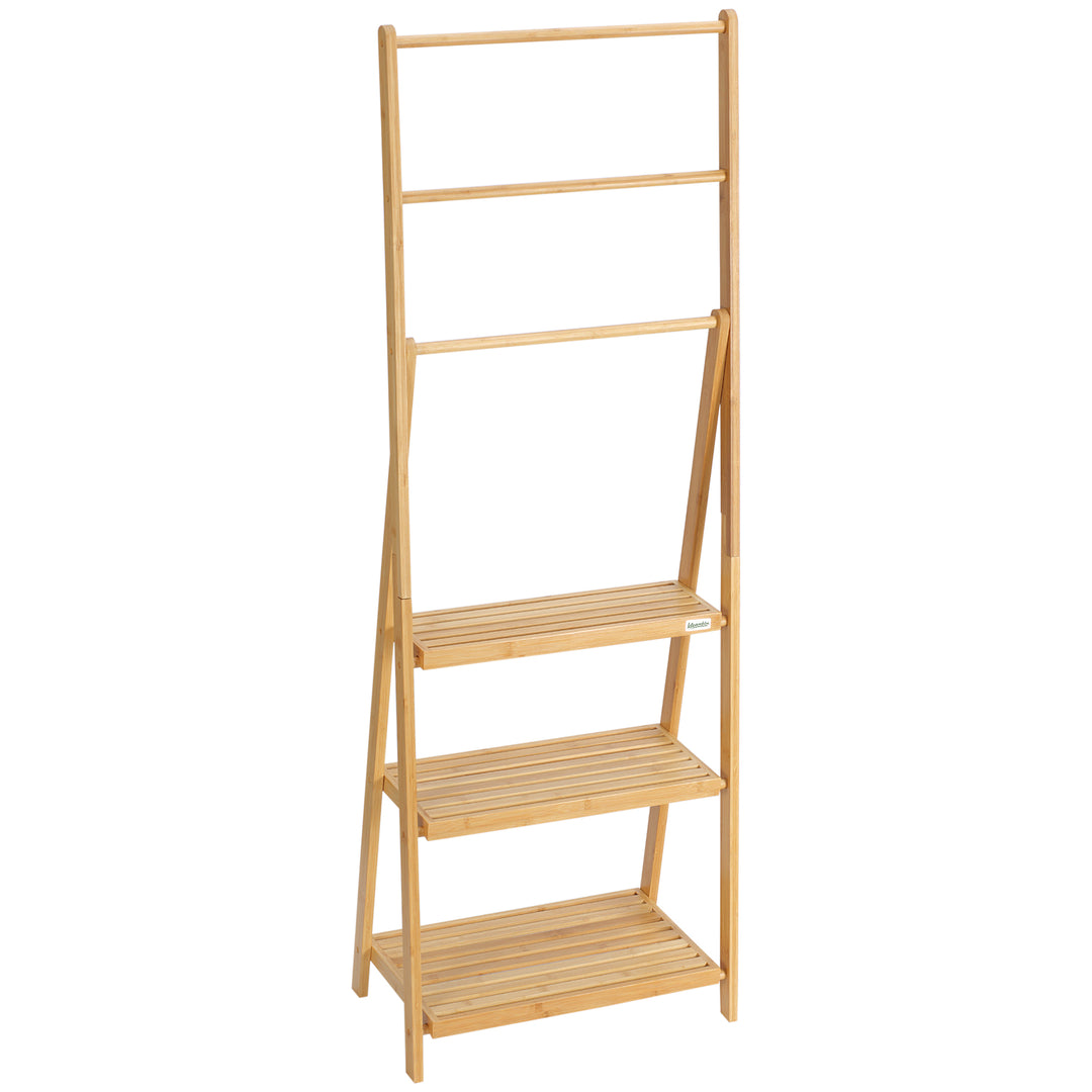 Bambus håndklædestige med hylder, 3 hylder, 3 håndklædestativer, foldbar, 53 cm x 30,5 cm x 152 cm, naturlig