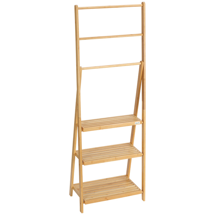 Bambus håndklædestige med hylder, 3 hylder, 3 håndklædestativer, foldbar, 53 cm x 30,5 cm x 152 cm, naturlig