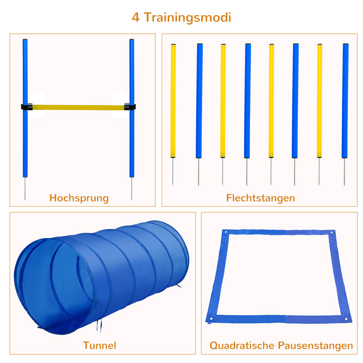 Agility træningssæt slalom hækketunnel hundesportstræningsbane pe+polyester blå+gul
