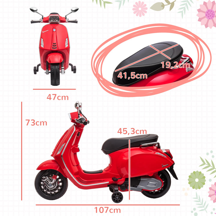 El-scooter til børn, vespa, musik og forlygter, 107x47x73 cm, rød