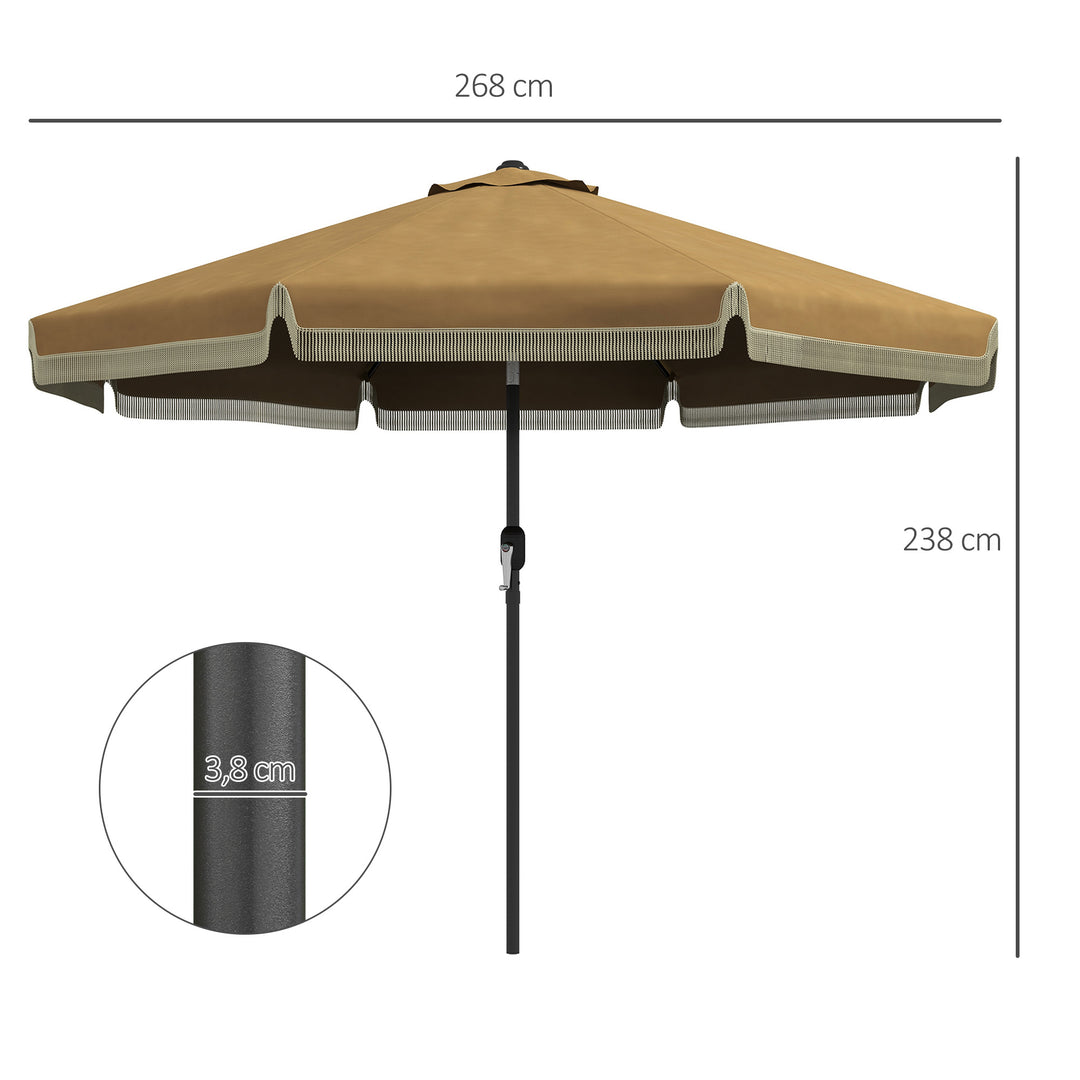 Parasol med frynset dekoration, Ø265 cm, vipbar, todelt metalstang, vindventil, khaki/sort
