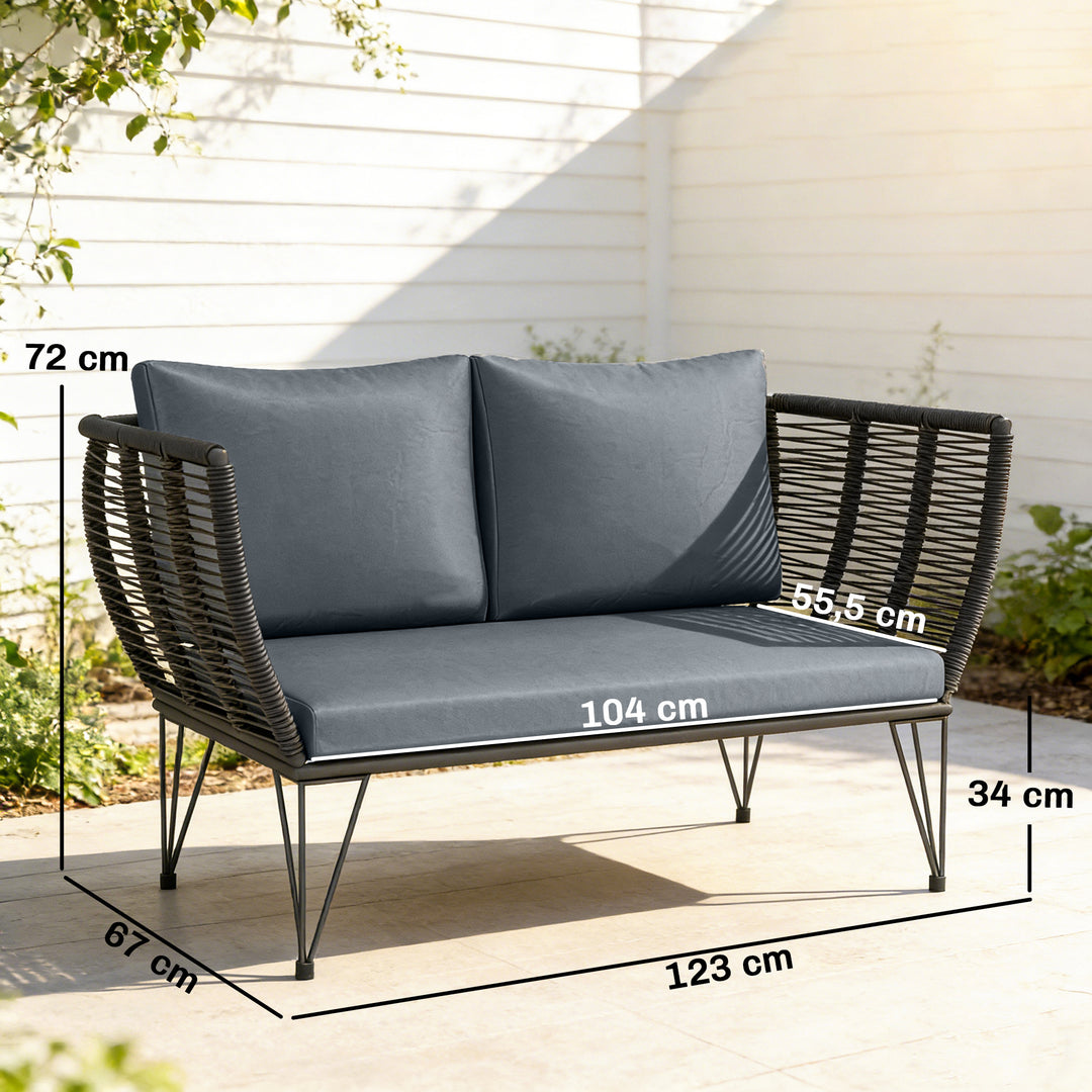 Havesofa med hynder, 2-personers sofa, udendørs balkonsofa, rattansofa, polyrattan havemøbler, 123 x 67 x 72 cm, lysegrå