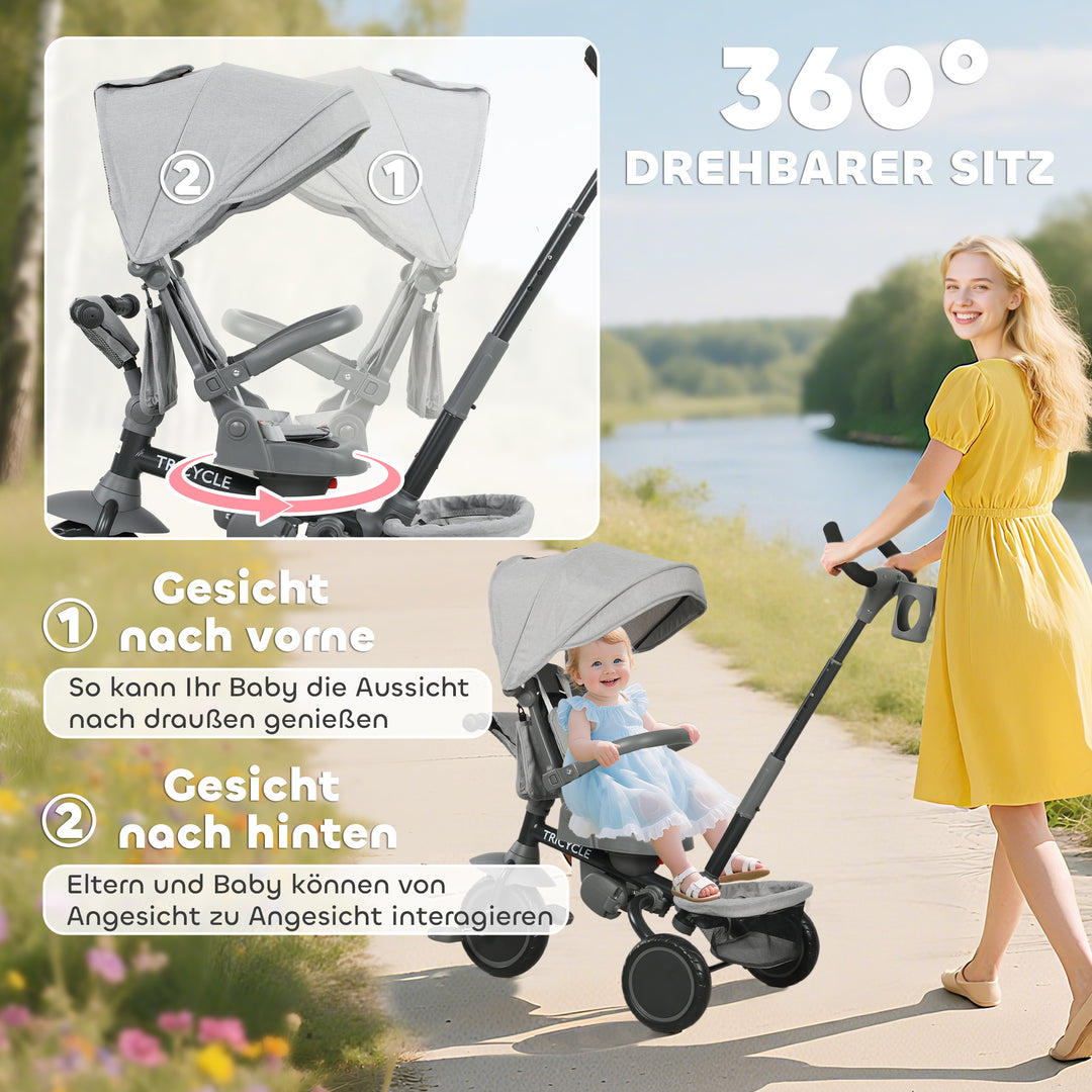 Børnetrecykel, 6-i-1 klapvogn til småbørn, med skubbehåndtag, justerbart sæde, foldbart design, sikkerhedsnet, grå