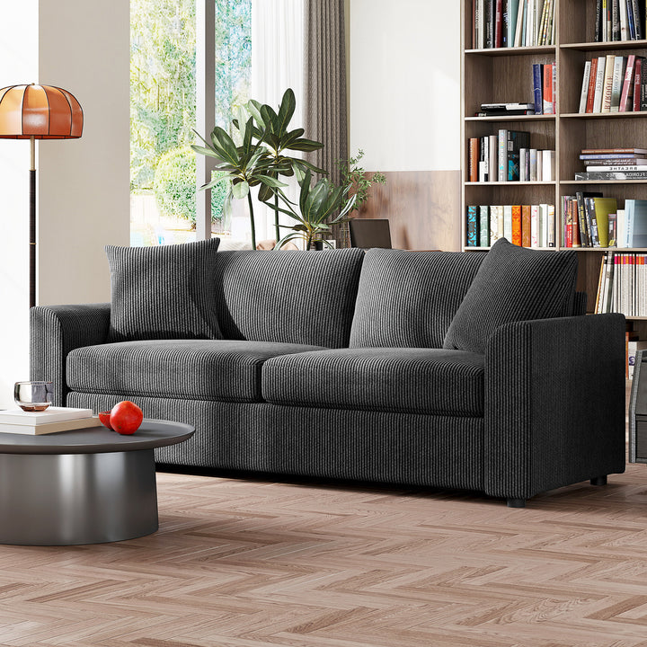 3-personers sofa med dekorative hynder, corduroy sofa til stue, soveværelse, 212 cm bred, mørkegrå