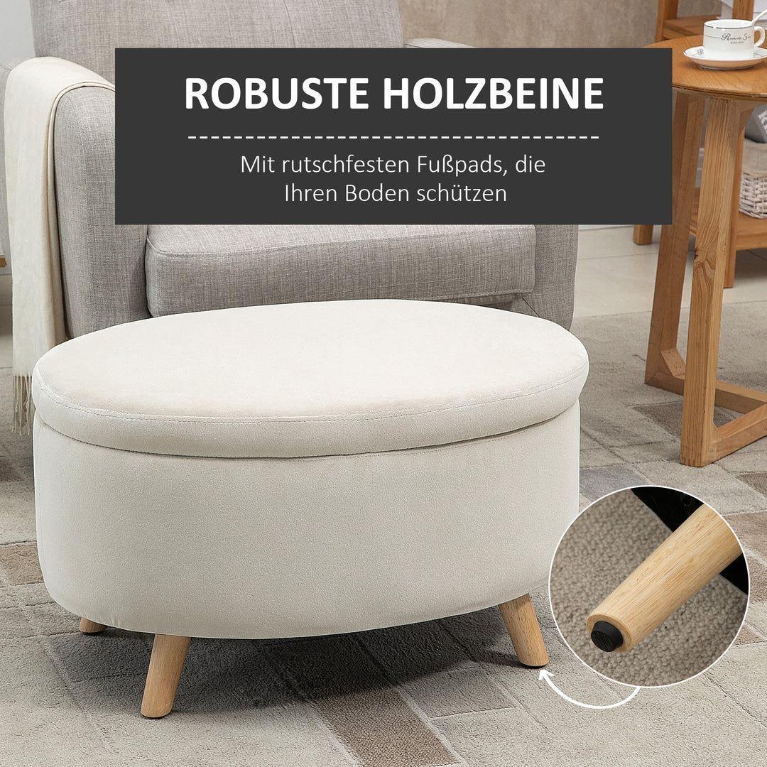 Bænk med opbevaringsplads, skammel, oval form, fløjlslook, op til 120 kg, 71 x 51,5 x 42 cm, beige