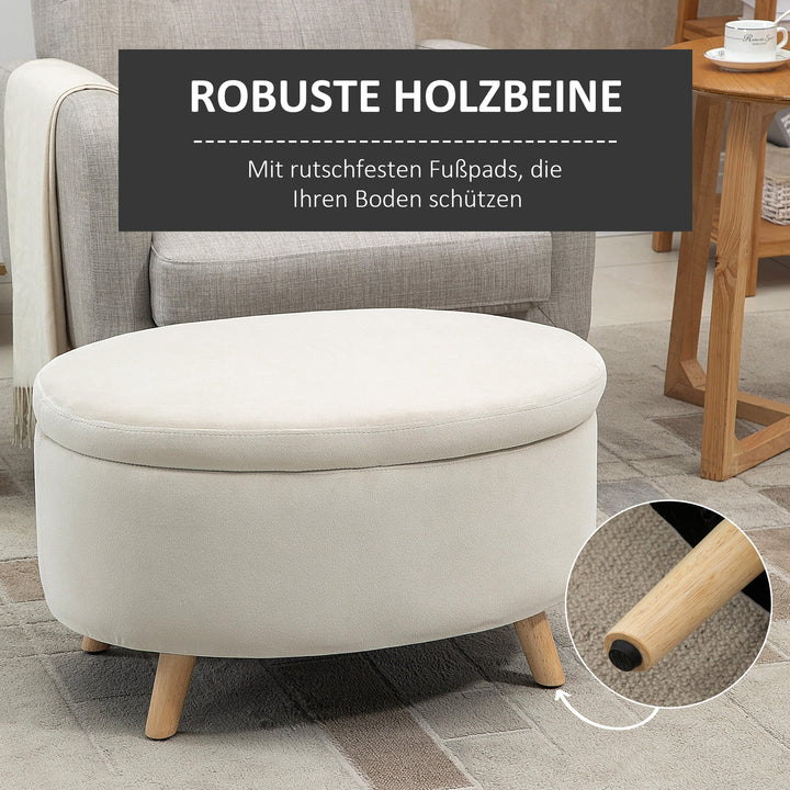 Bænk med opbevaringsplads, skammel, oval form, fløjlslook, op til 120 kg, 71 x 51,5 x 42 cm, beige