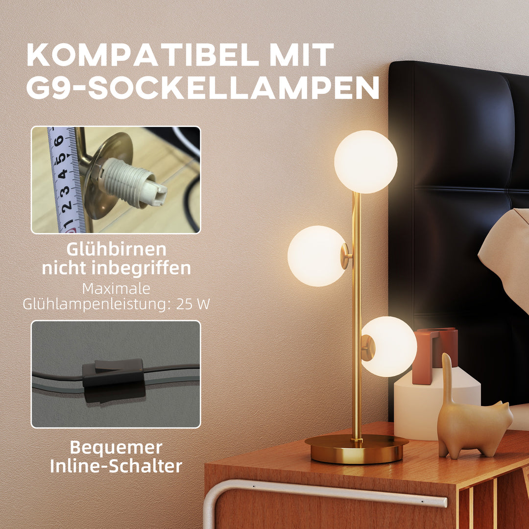 Bordlampe med 3 kugleskærme, med stabil stålfod, G9-fatninger, 24 x 24 x 53 cm, messing