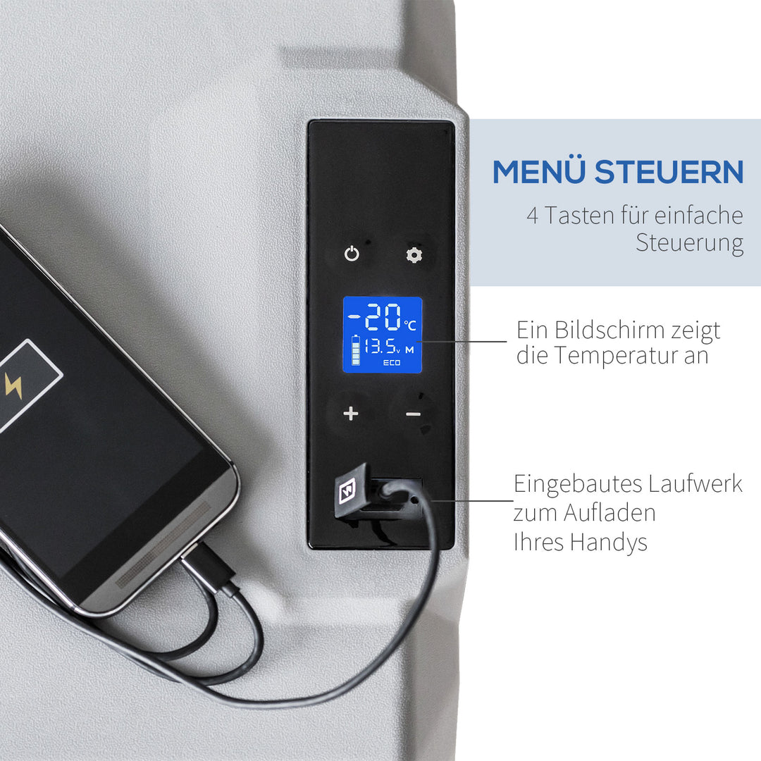 Bilkøleskab, køleboks, 50L, ned til -20°C, touchskærm, 2 hjul, teleskophåndtag, 58,6 x 37,8 x 54,5 cm, grå