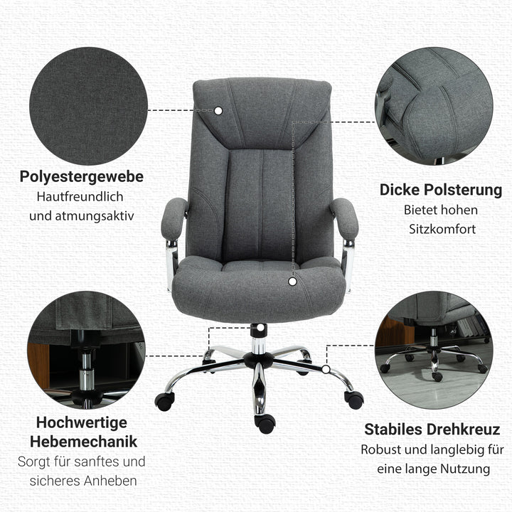 Kontorstol med gyngefunktion, ergonomisk stol med polstrede armlæn og nakkestøtte, højdejusterbar kontorstol, drejestol med ryglæn, nylon grå, 65 x 78 x 110-118 cm