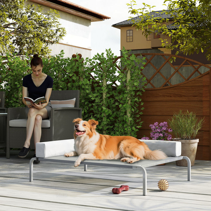 Udendørs hundeseng, hævet hundeseng til mellemstore hunde, med l-formet hynde, 110x75x30cm, lysegrå
