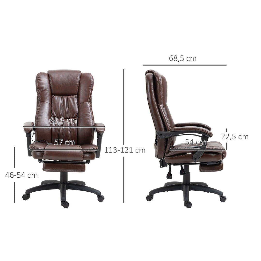 Justerbar drejestol med fodstøtte, nakkestøtte, massagefunktion, kunstlæder, 68,5 x 68,5 x 113-121 cm, brun