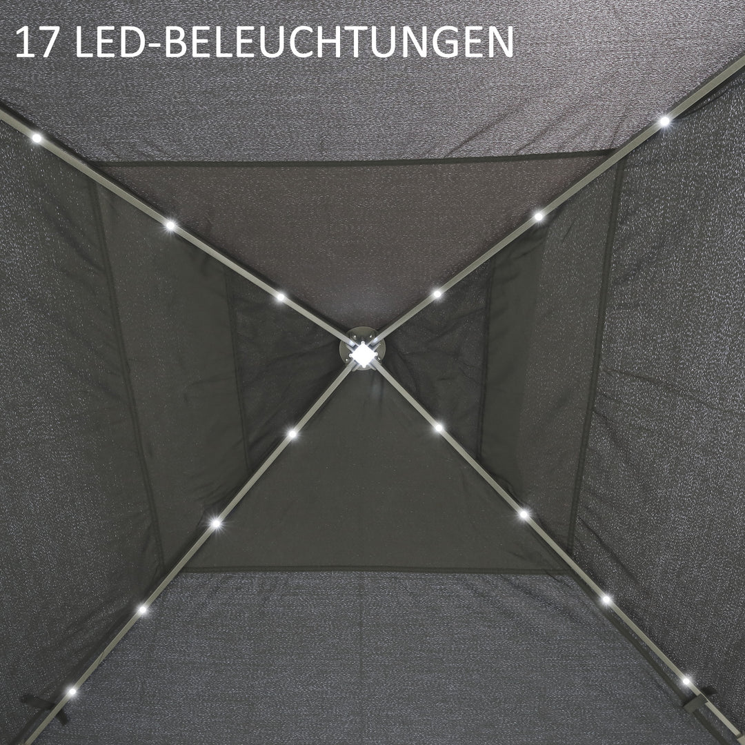 3,3 x 3,3 m foldbar pavillon med LED-belysning, netgardiner, bæretaske, grå