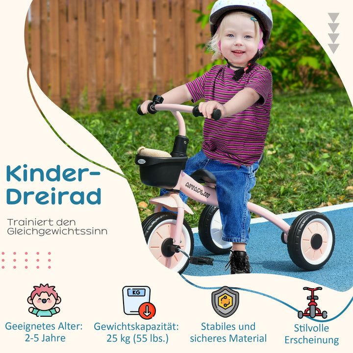 Trehjulet cykel til børn 2-5 år, højdejusterbart sæde, ringeklokke, cykelkurv, metalstel, pink