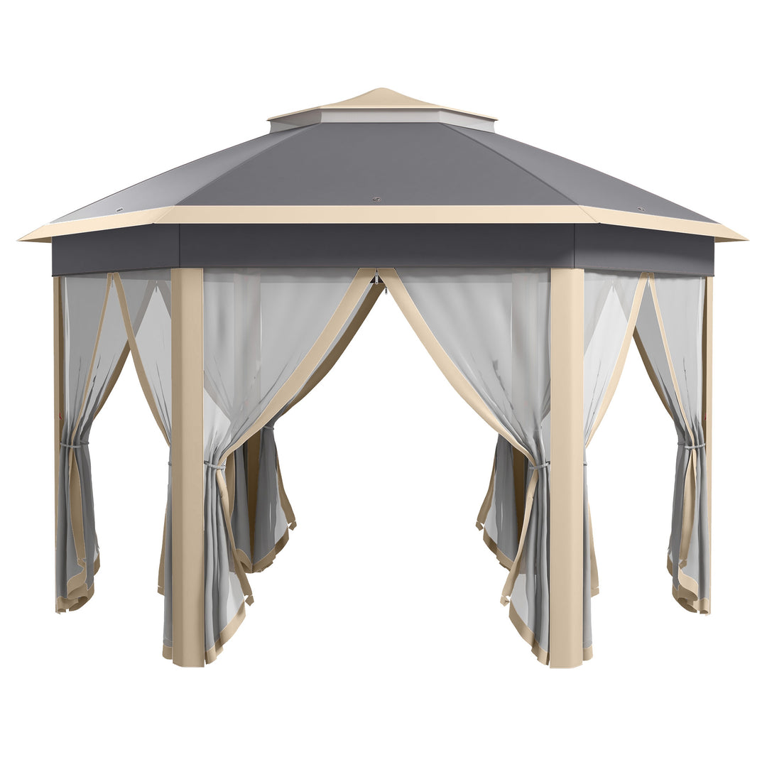 Havepavillon, foldbar pavillon, 4 x 4 m pop-up telt, partytelt inklusive bæretaske, 6 sidepaneler, dobbelt tag, sekskantet, khaki