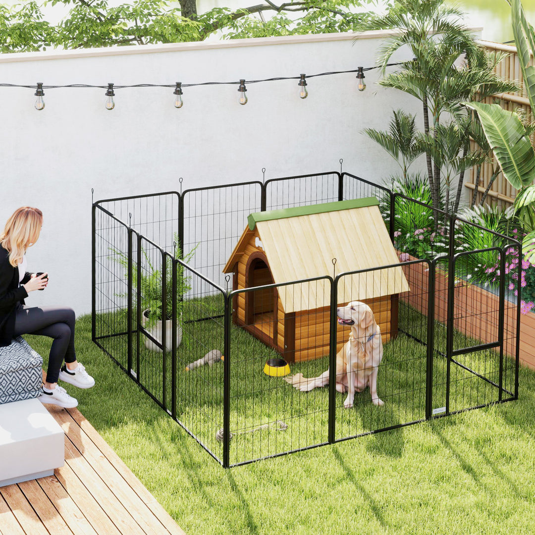 Hvalpekravlegård, sæt med 12 dele, med 12 netpaneler, dør, jordpløkker, fleksibelt foldbart design og 100 cm højt beskyttelsesovertræk.