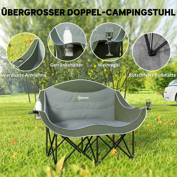 Sammenklappelig 2-personers campingstol med kopholder og bæretaske, lasteevne op til 250 kg, grøn