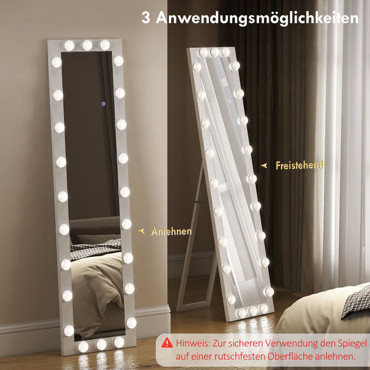 Helfigursspejl 150x40 cm LED-spejl med 24 lyspærer, 3 lysfarver, fritstående eller lænende, hvid