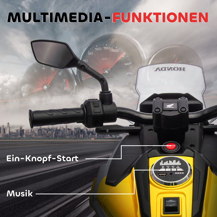 Elektrisk børnemotorcykel, Honda, 3 km/t, musik og lys, 3-6 år, op til 30 kg, gul