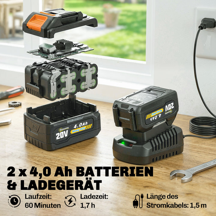 21V batteridrevet græstrimmer med 2 x 4,0 Ah batterier, 25 cm klippebredde