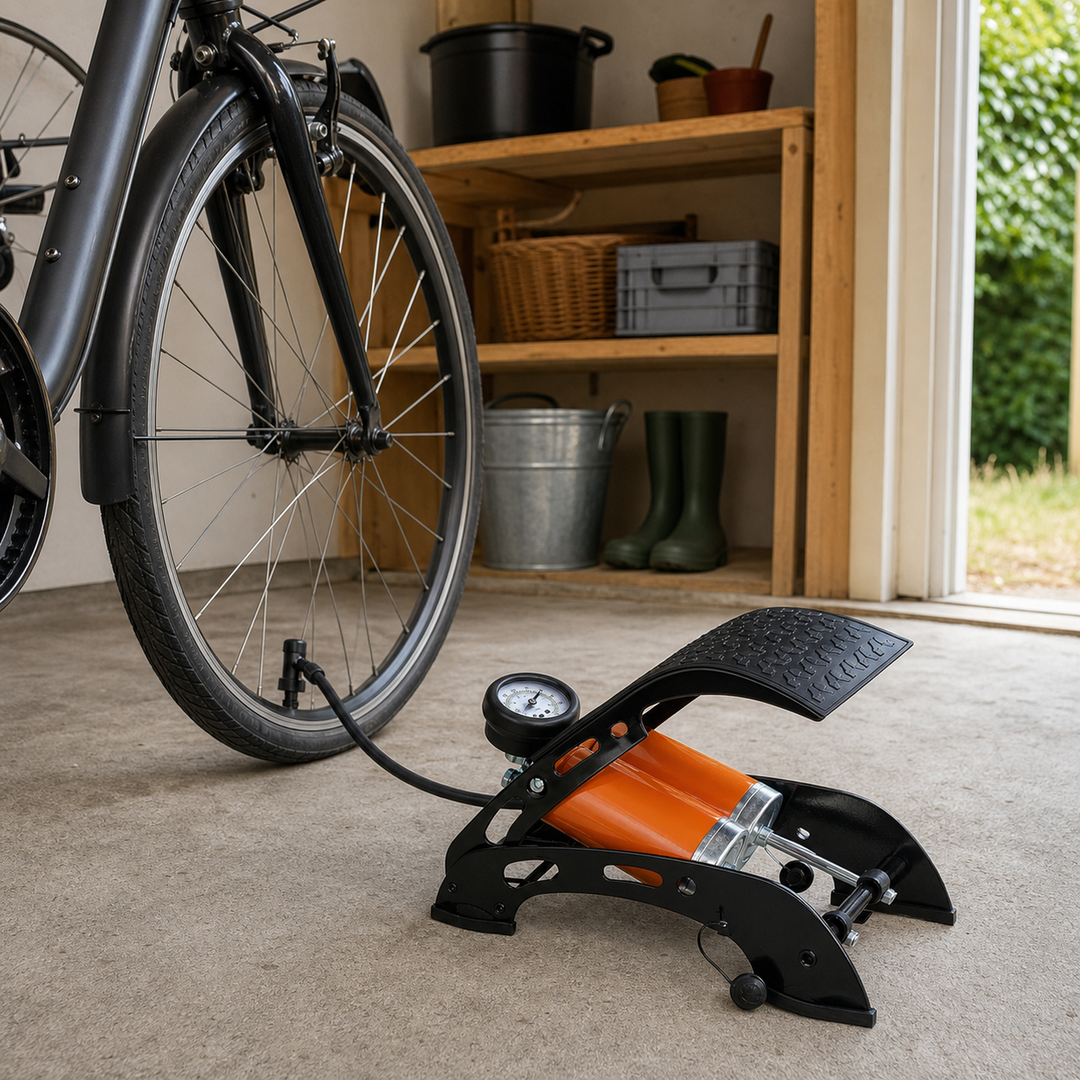 Sort og orange fodpumpe med manometer ved cykel