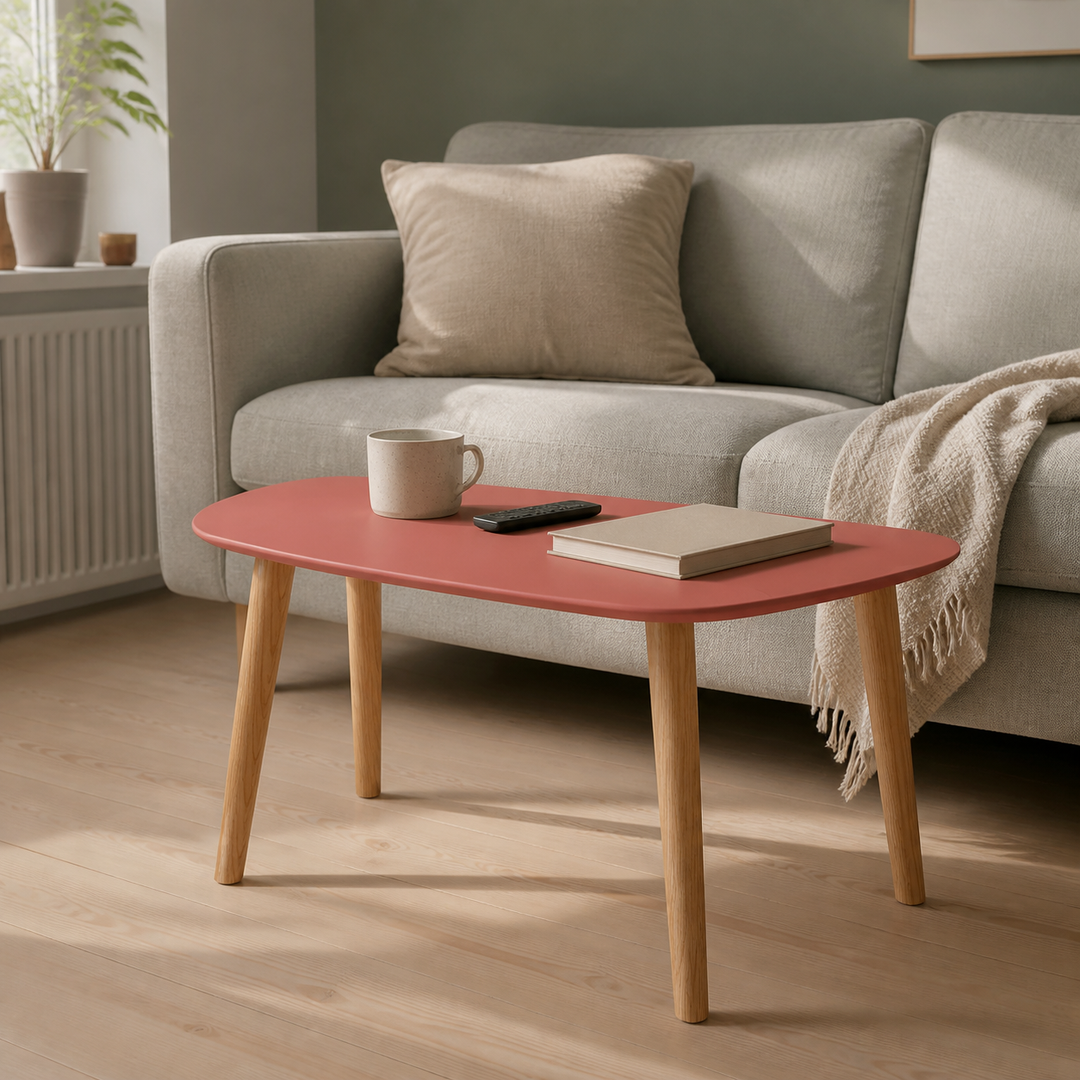 Endocarp sofabord i antik-pink MDF og naturligt asketræ vist i brug
