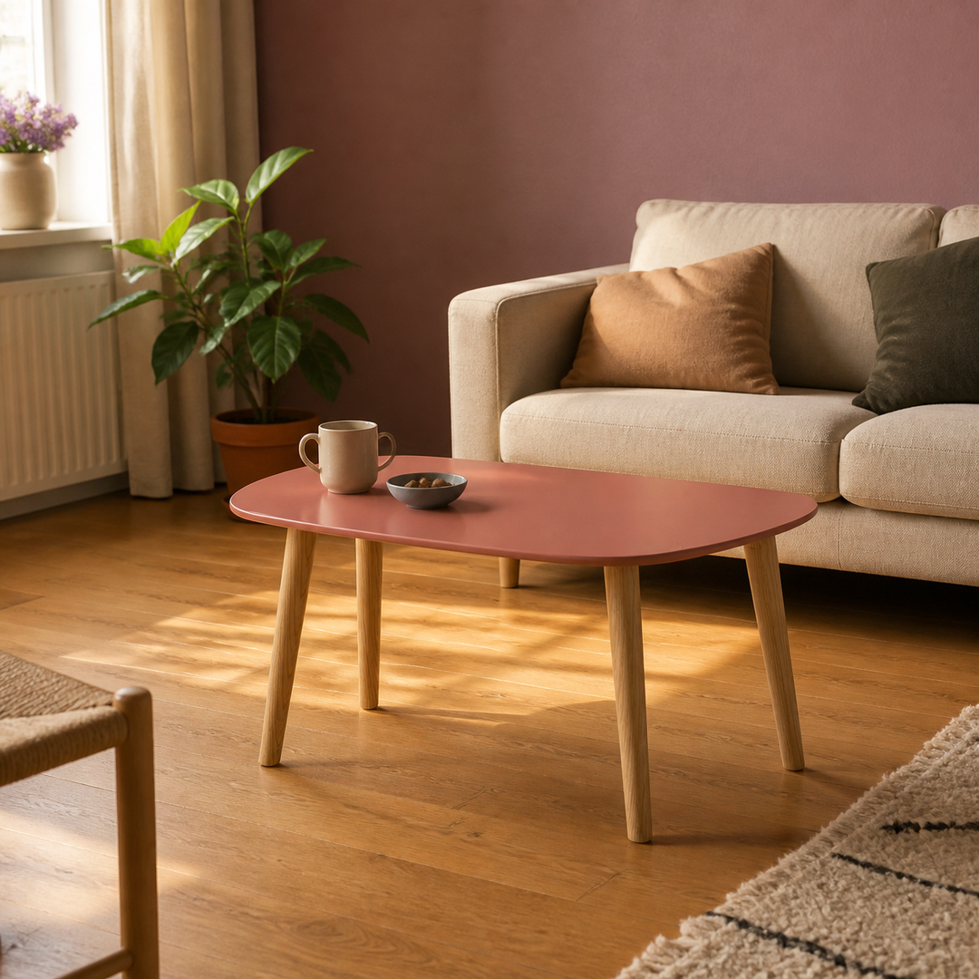 Endocarp sofabord i antik-pink MDF og naturligt asketræ i varm dagslysscene