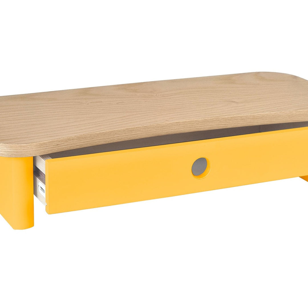 Detalje af monitorskærmstativ i askefinér og Broom Yellow