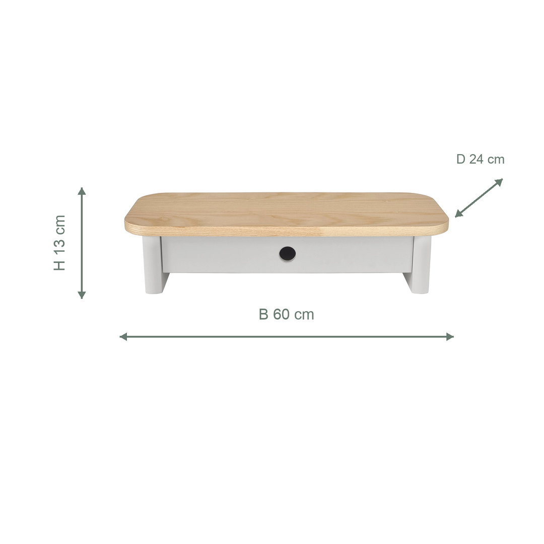 Måldiagram for monitorskærmstativ i askefinér og Pearl Grey