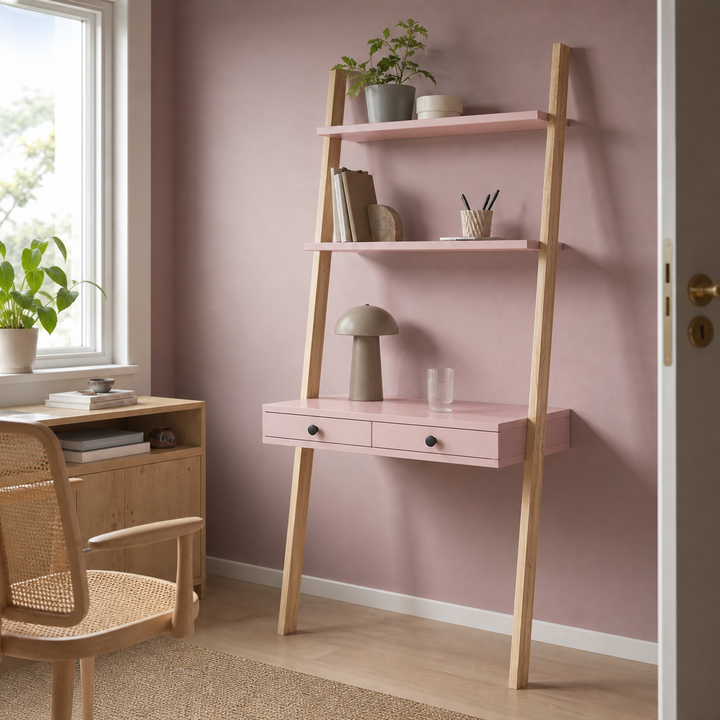 LENO stigeskrivebord i asketræ og pink med lukkede skuffer set fra siden