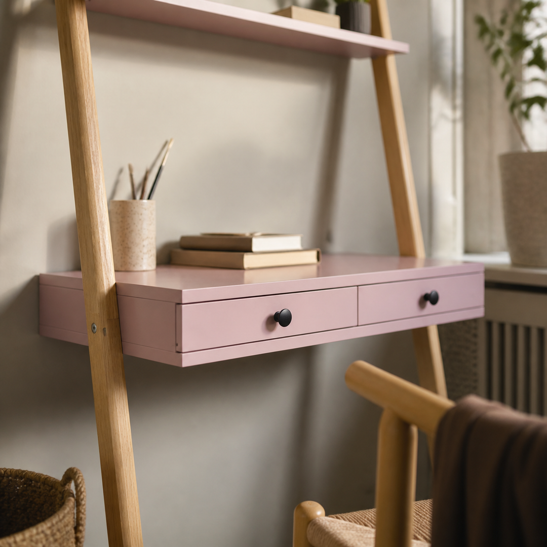 LENO stigeskrivebord i asketræ og pink med nærbillede af materialer