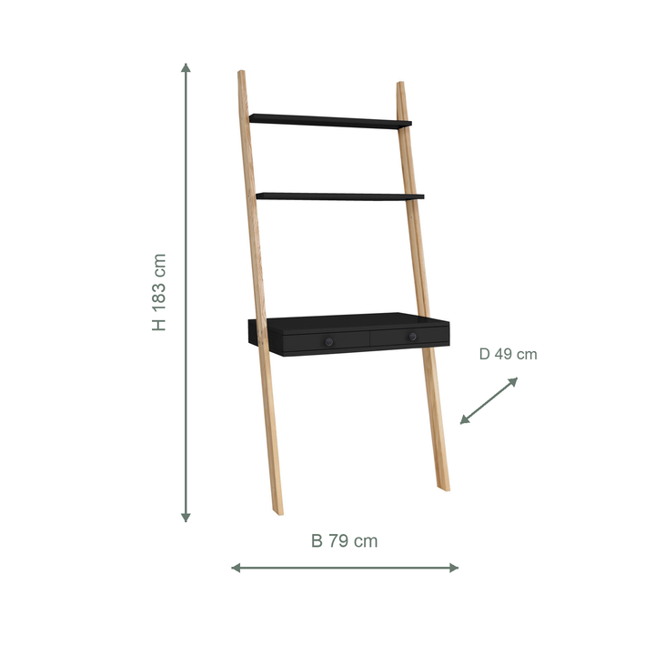 LENO stigeskrivebord i asketræ og sort med mål angivet i centimeter