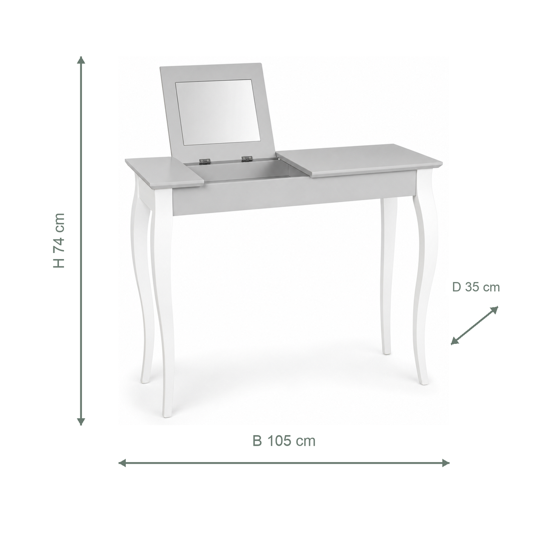 LILLO sminkebord i lysegrå med hvide ben med mål angivet i centimeter