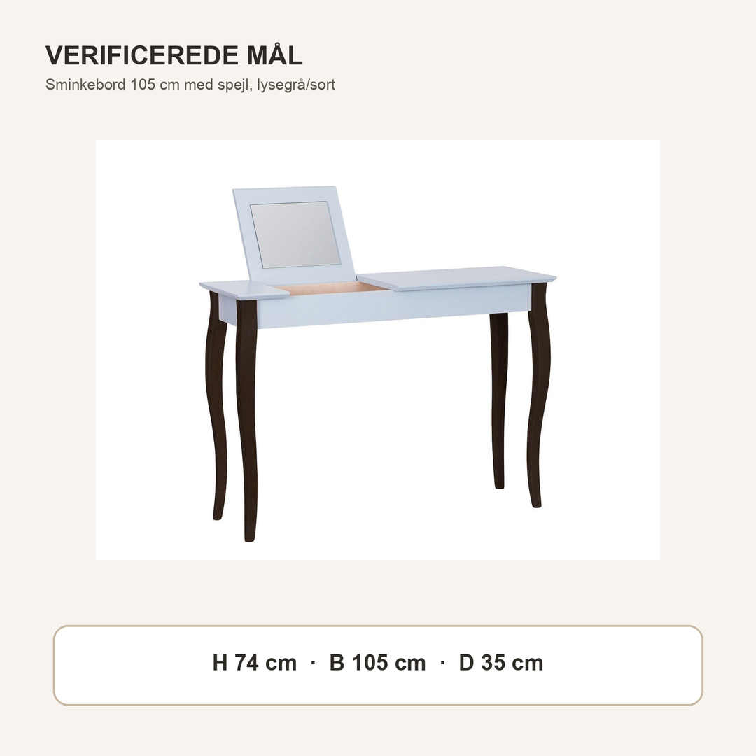 LILLO-sminkebord med lysegrå borddel og sorte ben med verificerede mål i centimeter