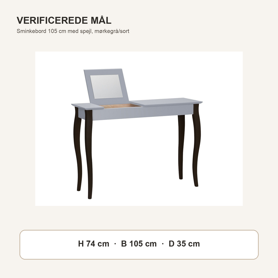 LILLO-sminkebord med mørkegrå borddel og sorte ben med verificerede mål i centimeter